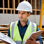 **

Construction site safety engineer giving a lecture. Focus on safety equipment (helmet, vest), blueprints, and a concerned expression. The style should be informative and encouraging, highlighting study materials like books and past exam papers.

**