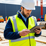 A professional Construction Safety Engineer, wearing a high-visibility safety vest over a modest work uniform and a white hard hat, stands confidently on a modern, well-organized construction site. They are observing activity with a focused expression, holding a tablet displaying safety checklists. In the background, large cranes and fully clothed construction workers in appropriate PPE are actively engaged in tasks, surrounded by clear safety barriers and signs. The scene conveys a sense of efficiency and security. High-resolution, professional photography, realistic, perfect anatomy, correct proportions, well-formed hands, proper finger count, natural body proportions, crisp focus, fully clothed, appropriate attire, professional dress, modest clothing, safe for work, appropriate content, family-friendly.