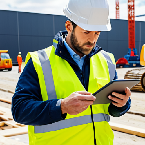 A professional Construction Safety Engineer, wearing a high-visibility safety vest over a modest work uniform and a white hard hat, stands confidently on a modern, well-organized construction site. They are observing activity with a focused expression, holding a tablet displaying safety checklists. In the background, large cranes and fully clothed construction workers in appropriate PPE are actively engaged in tasks, surrounded by clear safety barriers and signs. The scene conveys a sense of efficiency and security. High-resolution, professional photography, realistic, perfect anatomy, correct proportions, well-formed hands, proper finger count, natural body proportions, crisp focus, fully clothed, appropriate attire, professional dress, modest clothing, safe for work, appropriate content, family-friendly.
