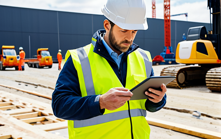 A professional Construction Safety Engineer, wearing a high-visibility safety vest over a modest work uniform and a white hard hat, stands confidently on a modern, well-organized construction site. They are observing activity with a focused expression, holding a tablet displaying safety checklists. In the background, large cranes and fully clothed construction workers in appropriate PPE are actively engaged in tasks, surrounded by clear safety barriers and signs. The scene conveys a sense of efficiency and security. High-resolution, professional photography, realistic, perfect anatomy, correct proportions, well-formed hands, proper finger count, natural body proportions, crisp focus, fully clothed, appropriate attire, professional dress, modest clothing, safe for work, appropriate content, family-friendly.