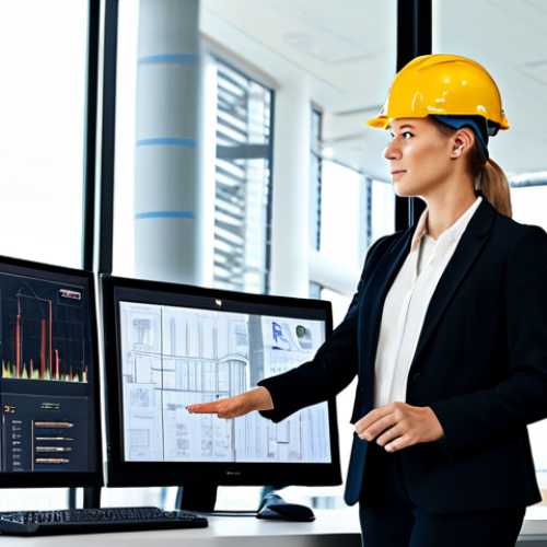 **

A construction site office scene. A female engineer in a professional business suit, fully clothed, is presenting a digital dashboard displayed on a large monitor. The dashboard shows real-time data from the construction site, including safety metrics and progress updates. Workers in hard hats and safety vests are listening attentively. Modern office setting with construction blueprints visible in the background. Safe for work, appropriate content, professional, modest, perfect anatomy, natural proportions, well-lit, family-friendly.

**
