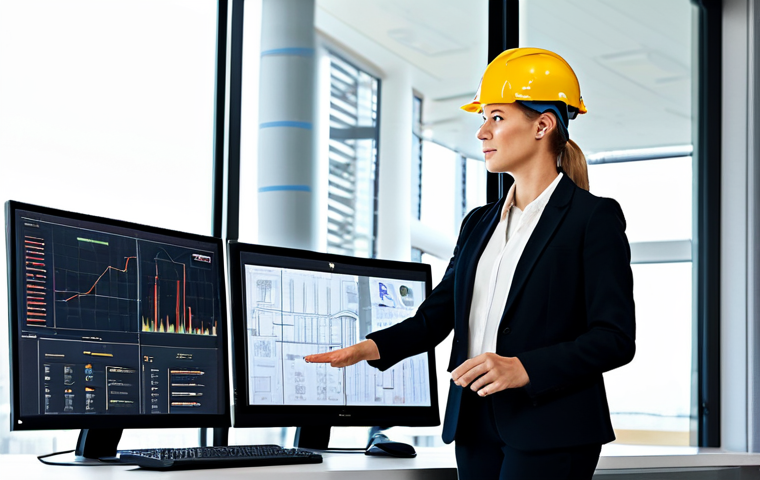 **

A construction site office scene. A female engineer in a professional business suit, fully clothed, is presenting a digital dashboard displayed on a large monitor. The dashboard shows real-time data from the construction site, including safety metrics and progress updates. Workers in hard hats and safety vests are listening attentively. Modern office setting with construction blueprints visible in the background. Safe for work, appropriate content, professional, modest, perfect anatomy, natural proportions, well-lit, family-friendly.

**