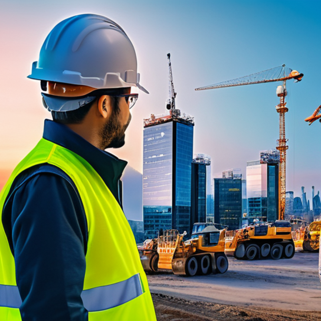 건설안전기사 실기시험의 최신 트렌드 - High-Tech Construction Safety**
"A bustling, modern construction site at dusk, illuminated by ad...