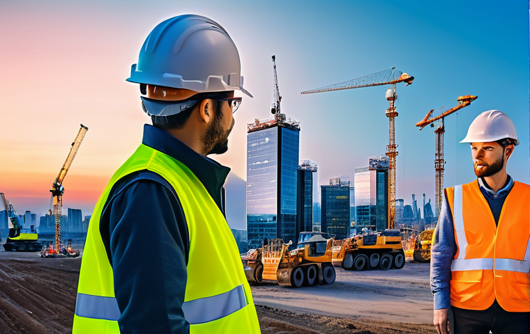 건설안전기사 실기시험의 최신 트렌드 - High-Tech Construction Safety**
    "A bustling, modern construction site at dusk, illuminated by ad...