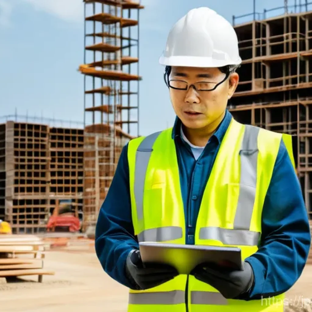 건설안전 관리자의 주요 업무 - **Prompt:** A focused and experienced Japanese construction safety manager, a man in his 40s to 50s,...