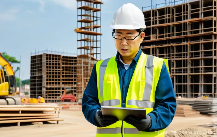 건설안전 관리자의 주요 업무 - **Prompt:** A focused and experienced Japanese construction safety manager, a man in his 40s to 50s,...