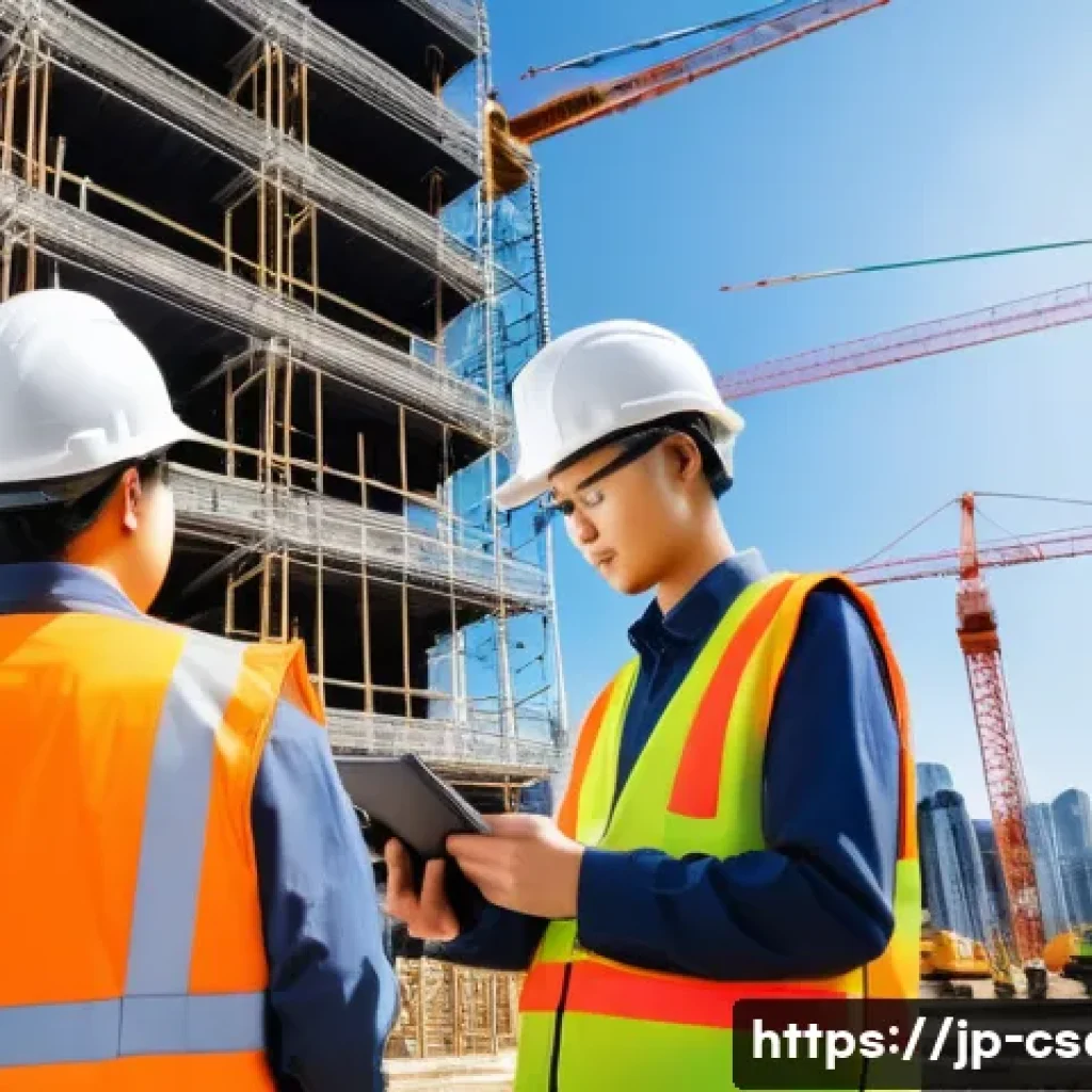 건설안전 전문가 이직 성공 사례 - A dynamic construction site scene in modern Japan during daytime, featuring diverse construction wor...