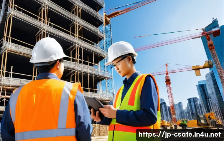 건설안전 전문가 이직 성공 사례 - A dynamic construction site scene in modern Japan during daytime, featuring diverse construction wor...