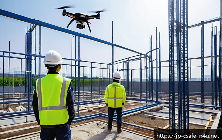 건설안전 관련 대학원 과정 정보 - A modern Japanese construction site bustling with diverse workers wearing advanced safety gear, incl...