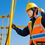 건설안전기사 실기 시험을 위한 현장 경험 쌓기 - A Japanese construction site scene showing a safety technician demonstrating the proper way to wear ...