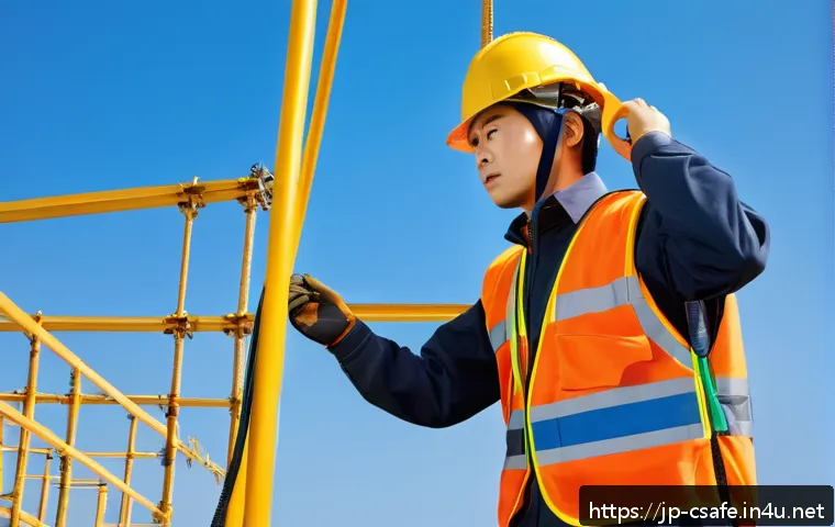 건설안전기사 실기 시험을 위한 현장 경험 쌓기 - A Japanese construction site scene showing a safety technician demonstrating the proper way to wear ...