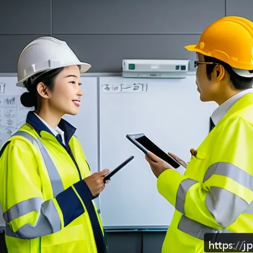 건설안전 전문가 네트워킹 팁 - A diverse construction team gathered in a modern site office during a morning safety meeting, wearin...