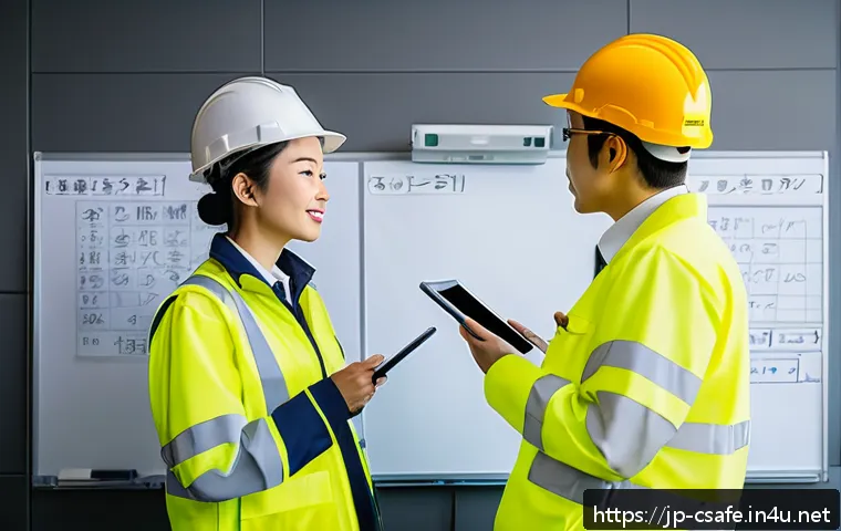건설안전 전문가 네트워킹 팁 - A diverse construction team gathered in a modern site office during a morning safety meeting, wearin...