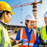 건설안전 실무에서 사용하는 체크리스트 제작 - A modern construction site safety briefing scene in Japan, featuring a diverse group of workers in s...