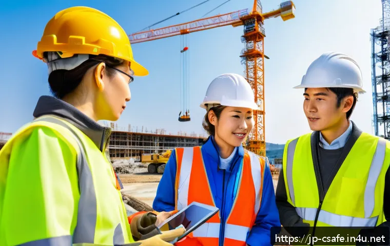 건설안전 실무에서 사용하는 체크리스트 제작 - A modern construction site safety briefing scene in Japan, featuring a diverse group of workers in s...