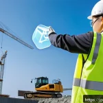 건설안전기사로 진출할 수 있는 분야 - A modern Japanese construction site featuring a digital safety management specialist wearing a helme...