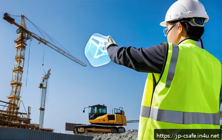 건설안전기사로 진출할 수 있는 분야 - A modern Japanese construction site featuring a digital safety management specialist wearing a helme...