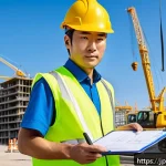 건설안전기사 자격증의 가치와 시장 수요 - A professional Japanese construction safety technician in a modern urban construction site, wearing ...