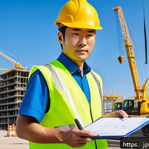 건설안전기사 자격증의 가치와 시장 수요 - A professional Japanese construction safety technician in a modern urban construction site, wearing ...