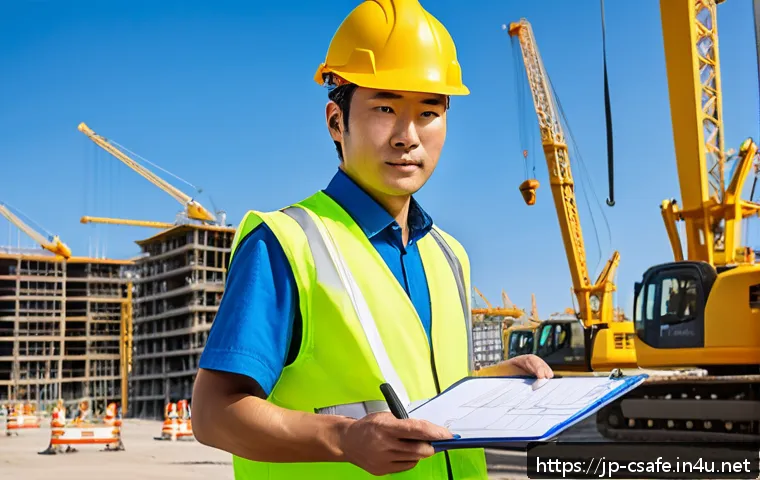 건설안전기사 자격증의 가치와 시장 수요 - A professional Japanese construction safety technician in a modern urban construction site, wearing ...