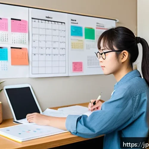 건설안전기사 필기시험 문제풀이 전략 - A focused Japanese student studying efficiently at a clean, modern desk with textbooks, a smartphone...
