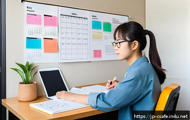 건설안전기사 필기시험 문제풀이 전략 - A focused Japanese student studying efficiently at a clean, modern desk with textbooks, a smartphone...