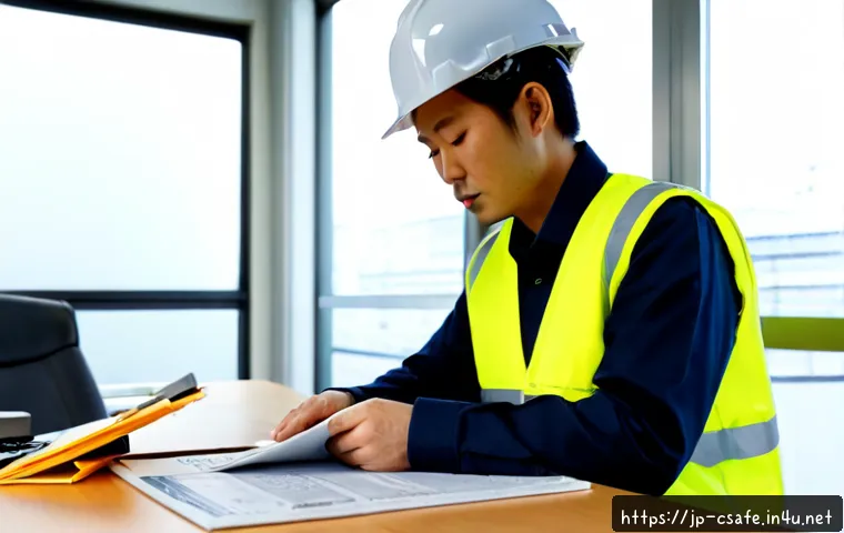 건설안전 실무자의 학습 동기 부여 사례 - Photorealistic Japanese construction safety officer in clean protective helmet, reflective vest, and...