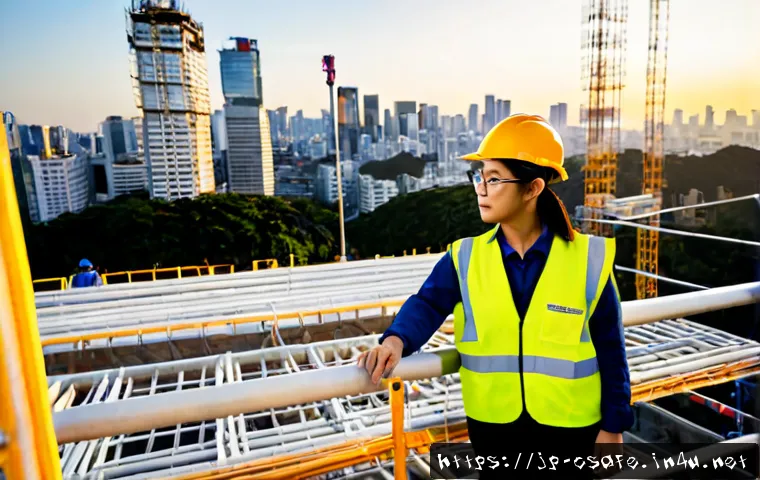 건설안전기사와 관련된 해외 취업 사례 - Photorealistic international construction site at sunrise, Japanese construction safety engineer wea...