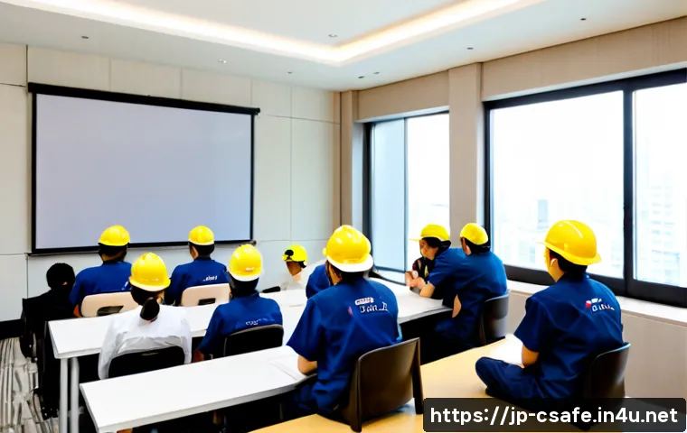건설안전 실무자를 위한 세미나 정보 - Photorealistic construction safety seminar in a modern Japanese conference room, diverse Japanese co...